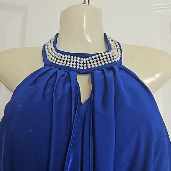 Jovani Rushed Halter Neckline With Faux Pearl Maxi Dress With Side Slit 12 Blue - Picture 4 of 16